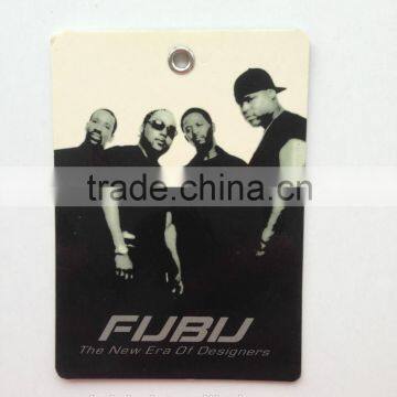 Hangtag for man with glossy lamination and metal eyelet