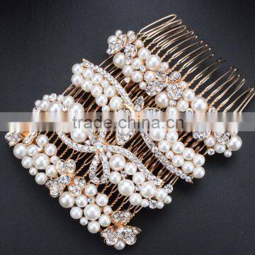 2016 New Fashion Wedding Hair Jewelry for Bridal Gold Plated Elegant Crystal Hair Comb Pearl Hair Pin Clip Accessories