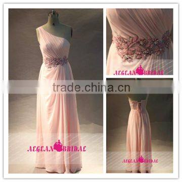 AE132712 Real Fashion A Line One Shoulder Ruffles Rhinestone Sequins Beads Beach Long Pink Evening Prom Dress 2014