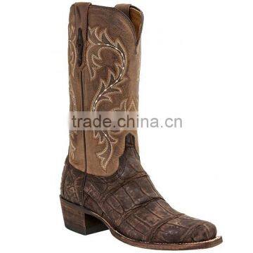 Chocolate black genuine leather embroidered shaft men's burke alligator western boots wholesale