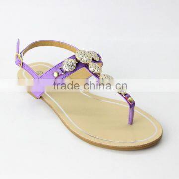 latest ladies fashion fancy T strap metalic beaded flat summer sandals