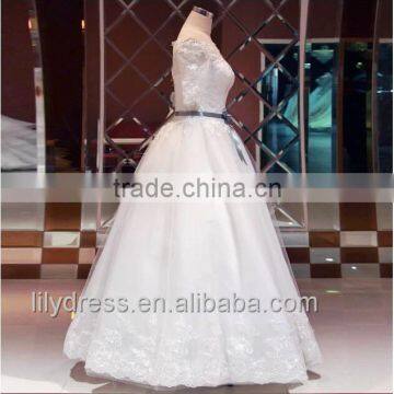 Elegant Sexy Off The Shoulder Princess Ball Gown Wedding Dresses Half Sleeve Bridal Gown With Ribbons Flower Sash Beaded ML056 photo-2