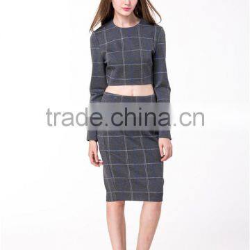 2017 New Arrival Grey Plaid Crop and High Waist Skirt Co-ord Set photo-5