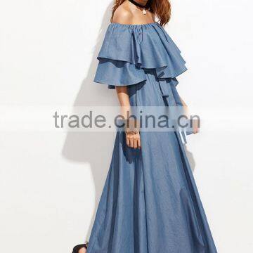 Ladies Ruffled Neck Off The Shoulder Short Sleeve Blue Color Tie Waist Long Maxi Denim Dress photo-3