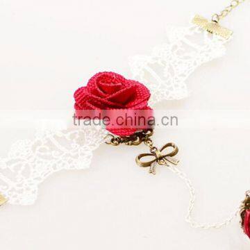 National Bowknot Ring Jewelry Set Handmade White Lace Girls Rose Bracelet Sets photo-3