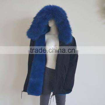 Myfur Hot Sale Black Cotton Women Men Parka with Real Black Raccoon Fur Collar Trimmed Hood