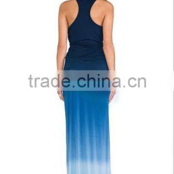 Trade Assurance Yihao Ladies New Sexy Sleeveless Casual Blue Party Dresses Side Pleated Design Maxi Dress 2015