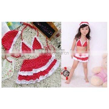 2016 In-stock Lovely Wholesale Boutique Summer Baby Girl Swimsuit Red Polka Dot Print Bikini Ruffles Swimwear With Cap