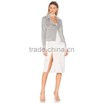 Autumn 2018 Lady Clothing Silver Faux Suede Zip up Motorcycle Jacket photo-4