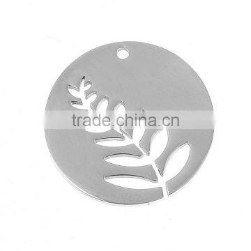 Stainless Steel Cut Out Pendants Round Silver Tone Leaf