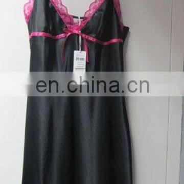 Long black satin lingerie w/lace silk sleepwear sexy lingerie