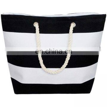 NEW Large Black White Striped Beach Bag Tote With Rope Handles