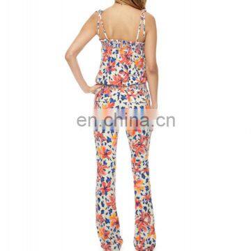 CHEFON Bold Floral Print Long Jumpsuit,skinny Tie Shoulder Straps Straight Neckline Detail Romper