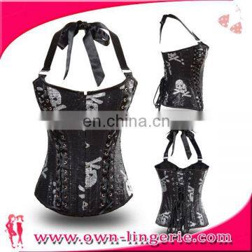 wholesale Neck Halter skull printed corset steel boned waist training corset