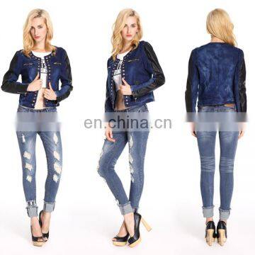 Competitive Price New Pattern Denim Jacket With Pu Sleeve Design