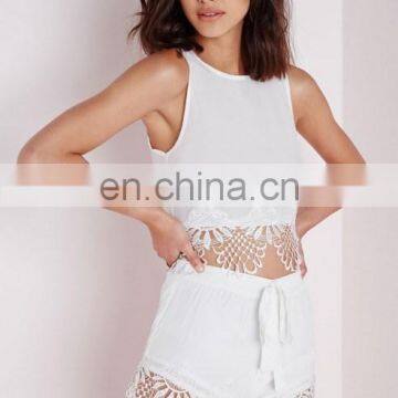 SP60012 Hottest Ladies Shorts Tie Waist Crochet Detail Runner Shorts White