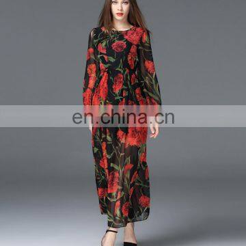 High quality hot selling sexy rose flower print party flared women's dress/chiffon maxi dress