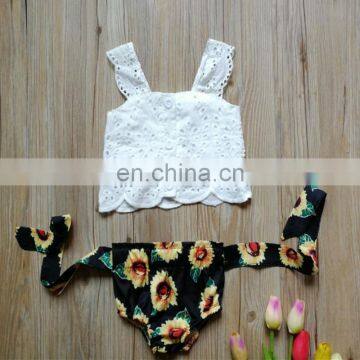 Baby Girls Sunflowers Outfit Summer Toddler White Lace Tops & Shorts 2pcs Set for 0-3T photo-3