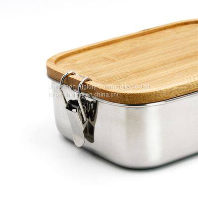 Japan Style Stainless Steel Lunch Box/two Compartments Metal Food Storage Container With Bamboo Lid photo-2