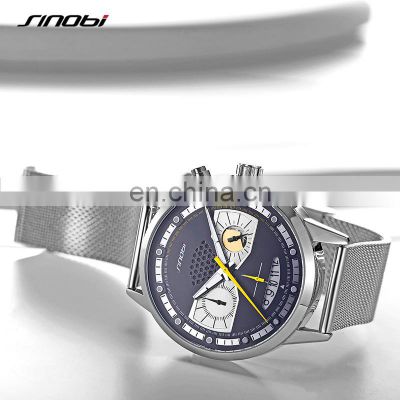 SINOBI Men Masculinity Watches Wrist S9814G Creative Human Smile  Dial Small Three Dial Watch Chronograph Handwatch