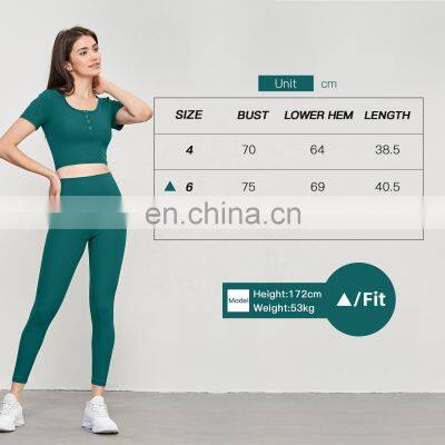 Soft Ribbed Front Botton Short Sleeved T-Shirts Wholesale Women Tight Yoga Crop Tops