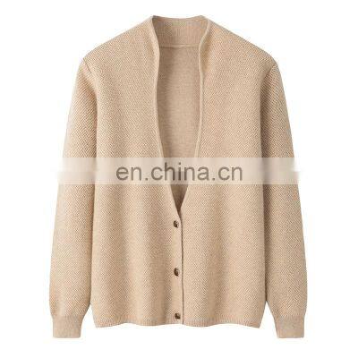 Women's Latest Design Deep V Neck Single Breasted Thick Jacquard Knitted Cashmere Sweater Casual Style for Winter