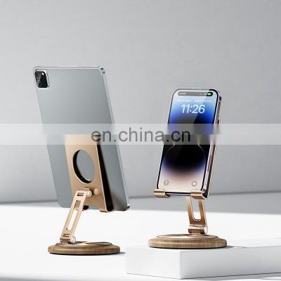 Aluminum Alloy Gold Color Phone Stand Adjustable to Support 360 Rotary Compatible Tablet Walnut Weighted Base