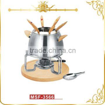 Chinese made cheese & chocolate fondue set stainless steel pot wooden handle & stand