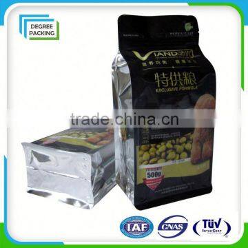 custom printed side gusset flat bottom quad seal pouch with zipper
