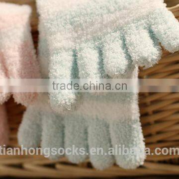 Classic design women thick striped coral velvet socks floor socks five toe socks