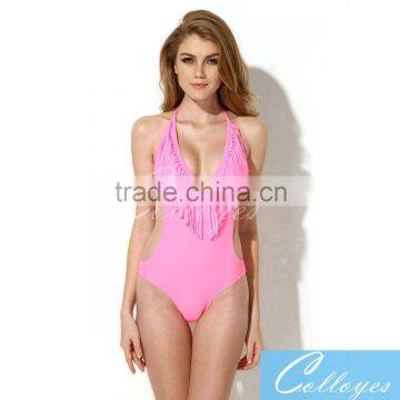 Colloyes 2016 New Sexy Pink Swimsuit One-piece with Fringe and Side Cut-outs in Low Price