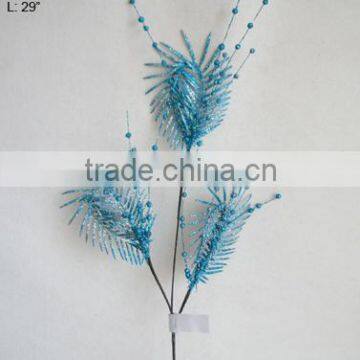 artificial glitter leaf and beads branch spray for christmas home decoration