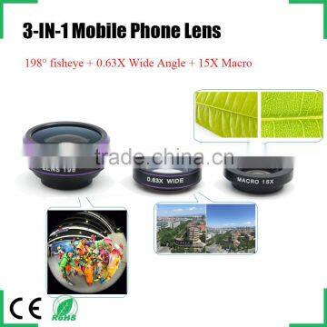 universal cell phone lens 3 in 1,0.63x wide angle+macro lens+fisheye camera lens for cell phone,Mobile phone camera lens clip