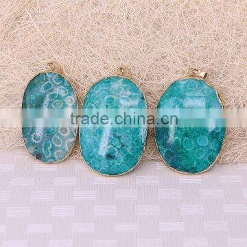 Green Chrysanthemum Stone Pendant, Gold Plated Edged Chrysanthemum Pattern Gem stone Jewelry Druzy Pendant