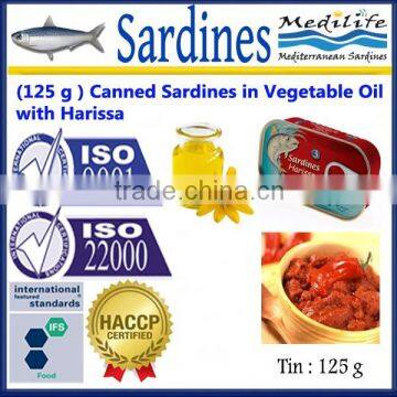 (125 g ) Canned Sardines in Vegetable Oil with Harissa ,High Quality canned Sardines,125g Sardines in cans with Harissa 125g