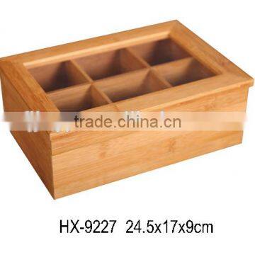 New Glass Lid Bamboo Personalized Tea Box With 6 Compartment For Sale