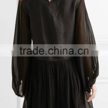 New Style Bohemian Floral Embroidery Design Embroidered Linen And Silk-Chiffon Long Billowy Sleeves Mini Dress 2017 HSD5908 photo-3