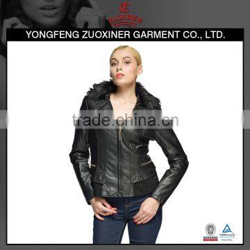 Ladies pu jacket with fur collar pu leather jacket 2015