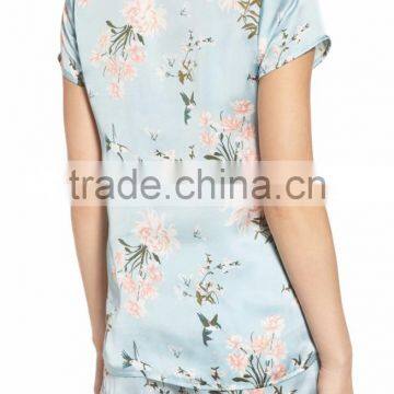 Women Floral Print Pajamas Set Short Sleeve Button Top With Shorts Satin Pattern Pyjama Set photo-2