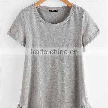 Plain White and Grey Pure Cotton Roll Cuff Ruffle Trim Slub T-shirt photo-5