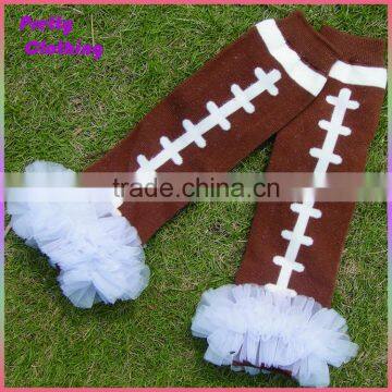 Brown knitted baseball kids socks with chiffon ruffle for winter cotton baby leg warmers