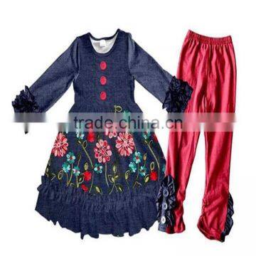 CH00293YIWU BOYA Cotton milk silk ruffle dress kids clothes denim flower prints wearing boutique dresses