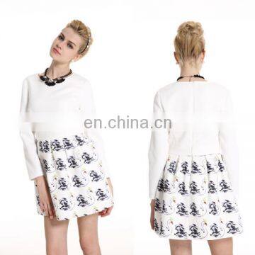 PowerSweet 2014 Top Quality Autumn Long Sleeve White Fashion Design Swan Printed Dress