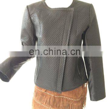 Ladies round neck black embroidery leather jacket with slat zipper