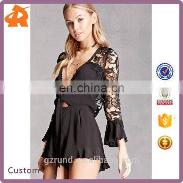 latest fashion sexy design cut out V chest self-tie crochet romper pom pom with lace back and sleeve