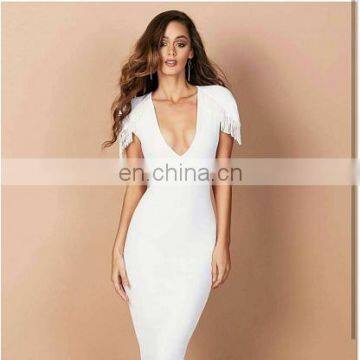 Clothes Women Elegant Dress Formal White Cap Sleeve Deep V Pencil Midi Bodycon Dress