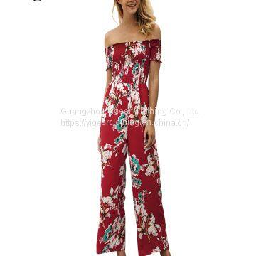 Off Shoulder Short Sleeve Floral Printed Long Jumpsuits