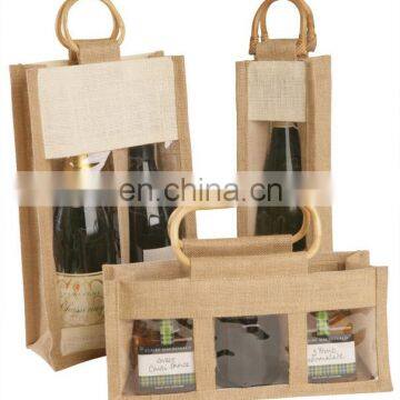 wholesale bamboo handle jute wine bag/red wine packing bag/pvc window wine tote bag