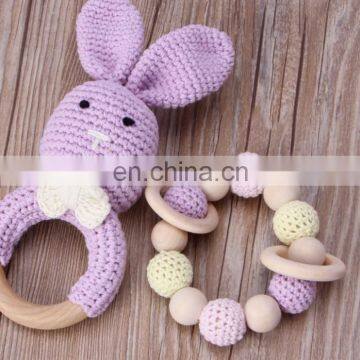 Stroller Baby Room Hand-woven Rattle Toy Child Rabbit Wooden Ring Vocal Rattle Doll photo-5