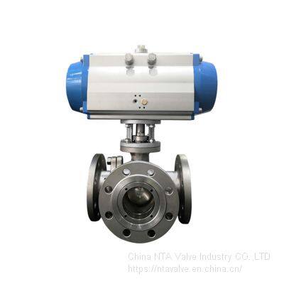 3 Way Double Flanged Stainless Steel Ball Valve With pneumatic actuator